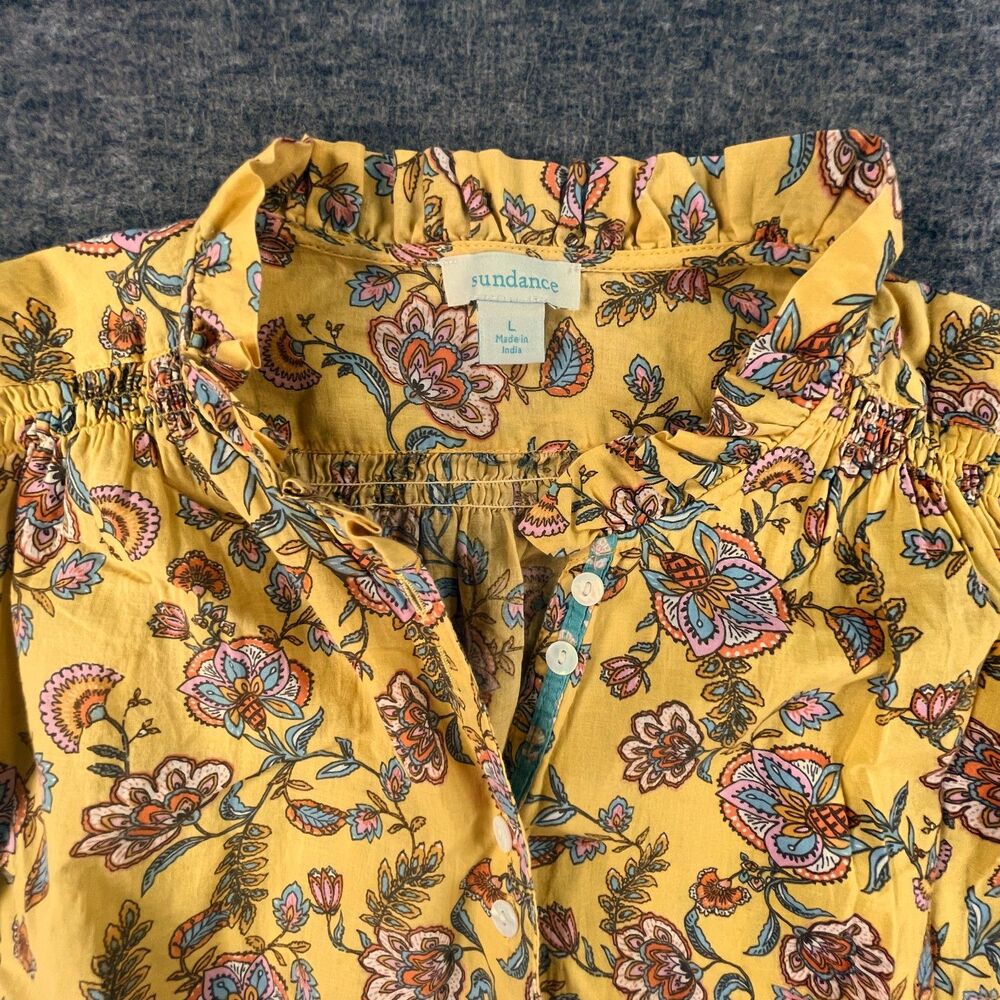 Sundance Floral Cotton Prairie Blouse L Yellow Ruffle Balloon Sleeve Peasant Top - Picture 4 of 9